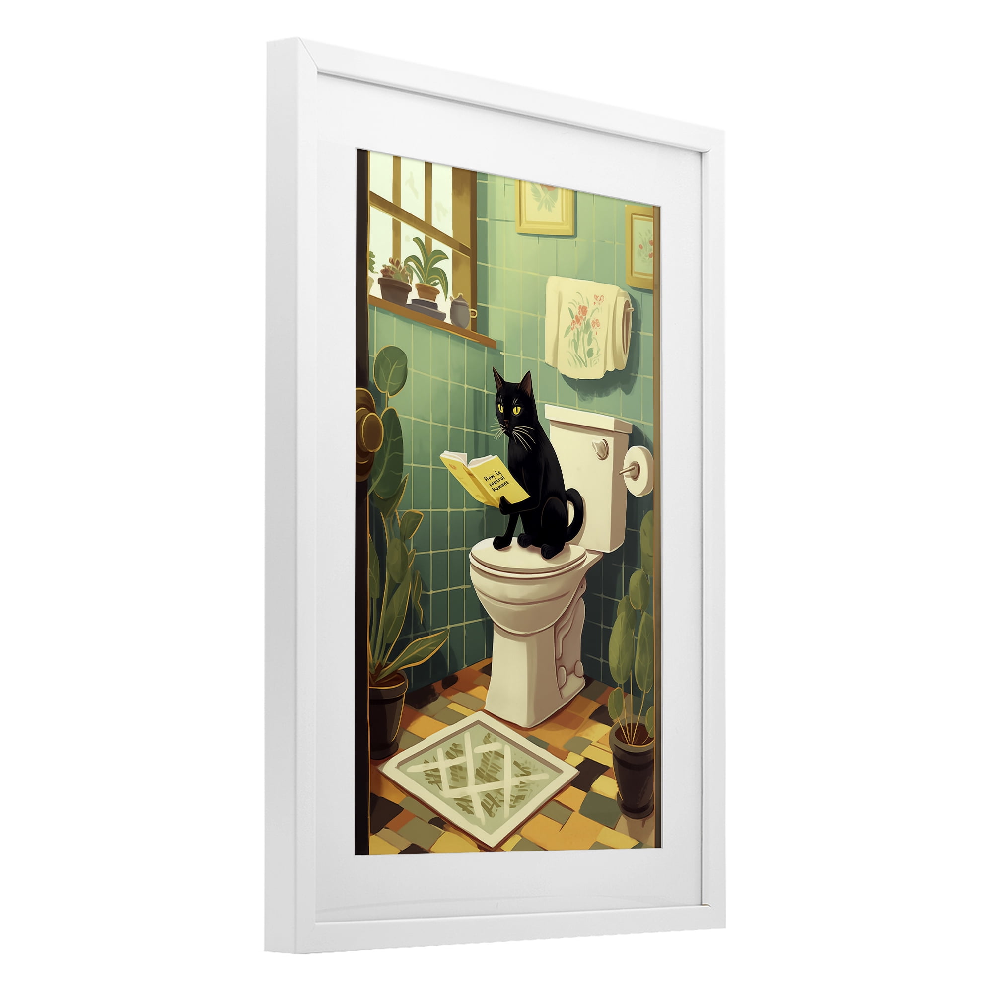 Cat Reading On Toilet White Framed Print Under Glass, design by Andreas Magnusson