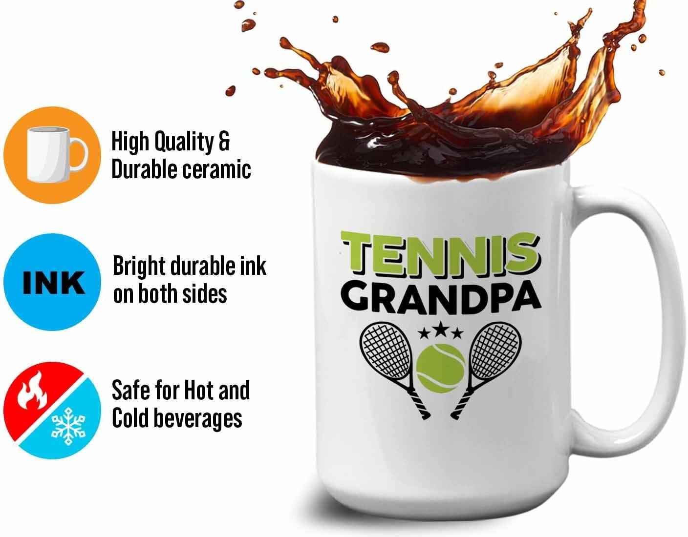 Tennis Player Mug White 15oz - Tennis Grandpa - Court Pro Tennis Racket Ball Winning Double Strategy Trainer Equipment