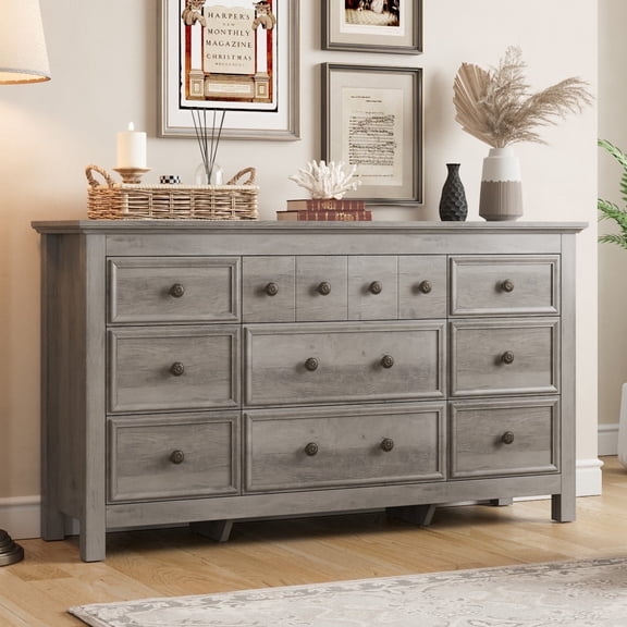 Holliwill 9 Drawers Dresser for Bedroom, Farmhouse Long Dresser Wood Chest of Drawers for Living Room, Entryway, Hallway, Gray