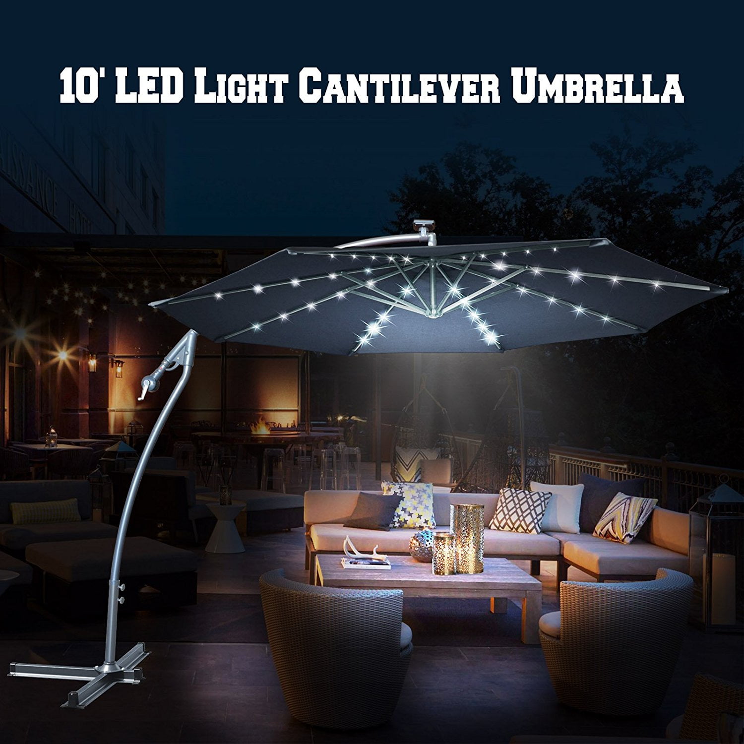 Sunrise 10ft Outdoor Patio Cantilever Umbrella with Lights, Easy Open