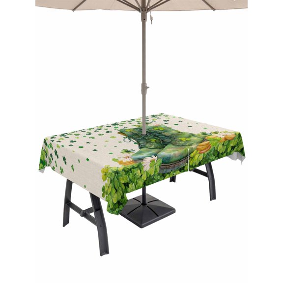 Outdoor Tablecloth with Umbrella Hole and Zipper, St. Patrick's Day Rectangle Table Cloth 52x70 Inch Waterproof Tablecloth, Country Retro Green Boots Daisy Clovers Picnic Table Cover for Patio