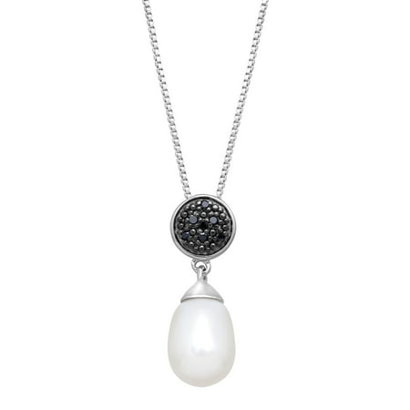 Freshwater Pearl Drop Pendant Necklace with Black Diamonds in Sterling Silver