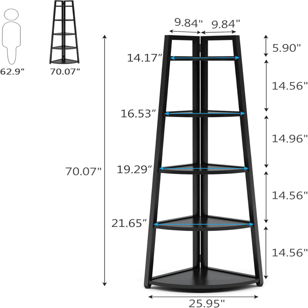 5-Tier Corner Shelf, Sturdy Metal Frame (50lbs/Shelf), E1 Particle Board, Space-Saving for Living Room, Bedroom, Bathroom