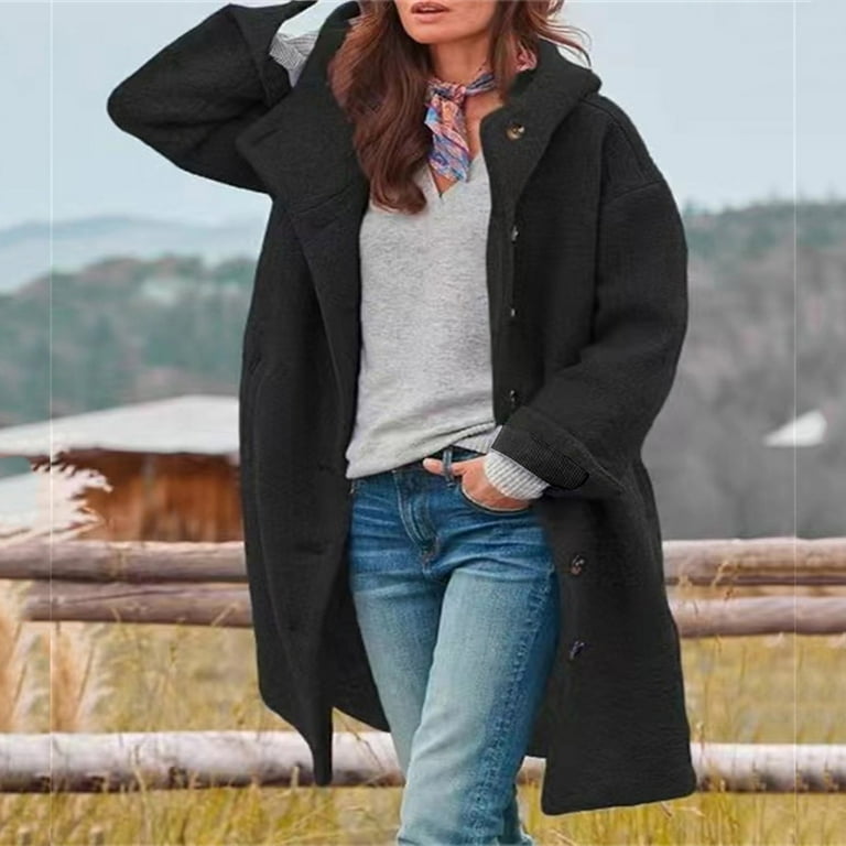 Women's Wool Mid Length Windbreaker Coats Ladies Winter Button Woolen Jacket