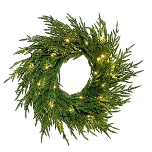 22" Lighted Norfolk Pine Christmas Wreath – Thick & Soft Artificial Wreath with 50 LED Lights, 70 Pine Branches, Indoor & Outdoor Holiday Door, Wall, Window Home Décor, Xmas Decorations