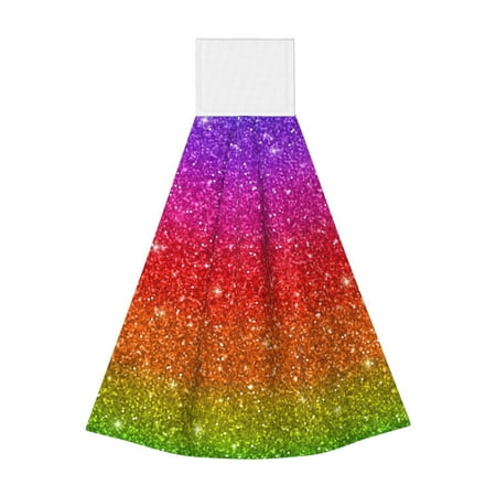 

Qekee Rainbow Glitter Print Hanging Kitchen Towels Coral Velvet Wipe Hand Towel Absorbent Hand Towels Microfiber Tie Towel for Bathroom Kitchen Decor