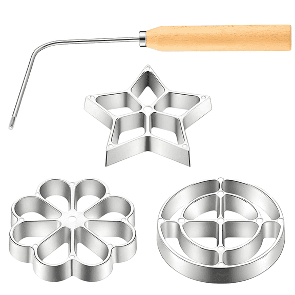 4 Pcs Rosette Iron Set with Detachable Handle – Non-Stick Bunuelos Molds (Star, Flower & Circle) for Mexican Fried Treats, Stainless Steel & Aluminum