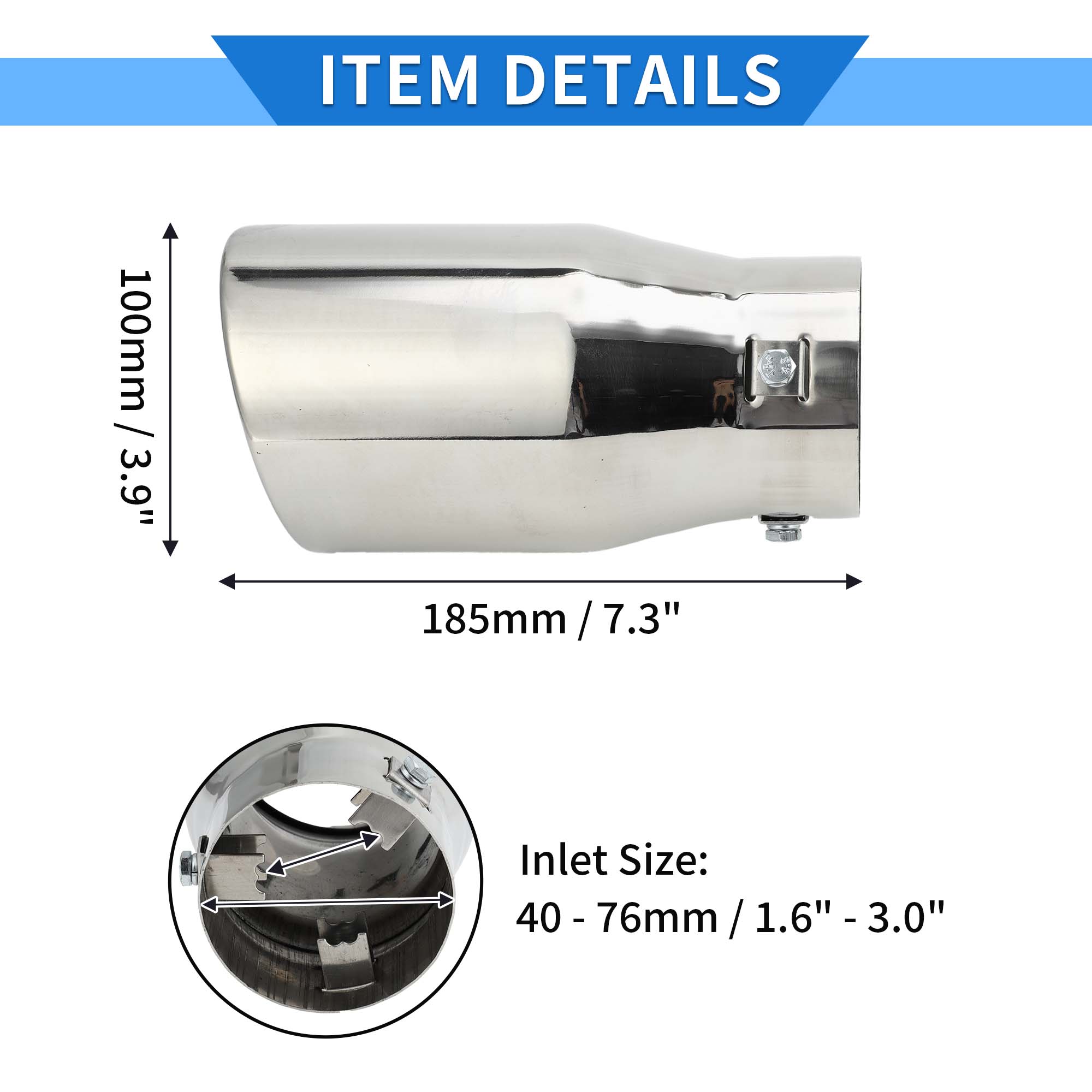 Unique Bargains Slant Cut Exhaust Tip 1.6 - 3.0 Inlet 3.9 Outlet 7.3 Length Silver Tone