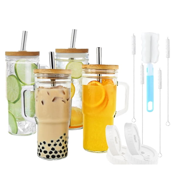 Vasos de vidrio Birity 710 ml con tapas y pajitas de bambú, paquete de 4