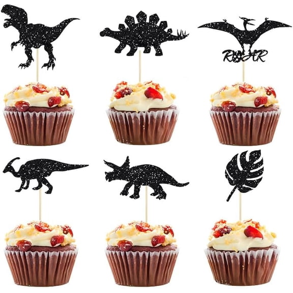 12pcs Black Glitter Dinosaur Cupcake Toppers Cute Baby Shower Roar Dinosaur Theme Cupcake Baby Shower Picks for Kids Birthday Party Supplies