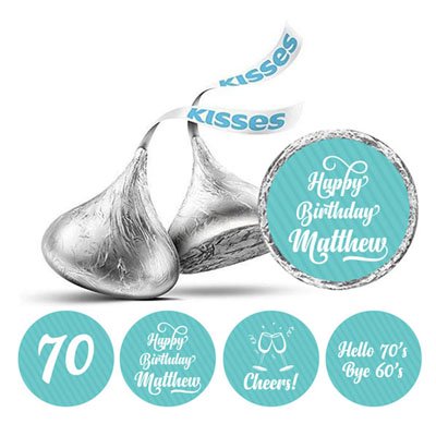 Darling Souvenir Cheers 70th Birthday Custom Name Stickers 190 Pcs Candy Labels Party Favor-Light Blue