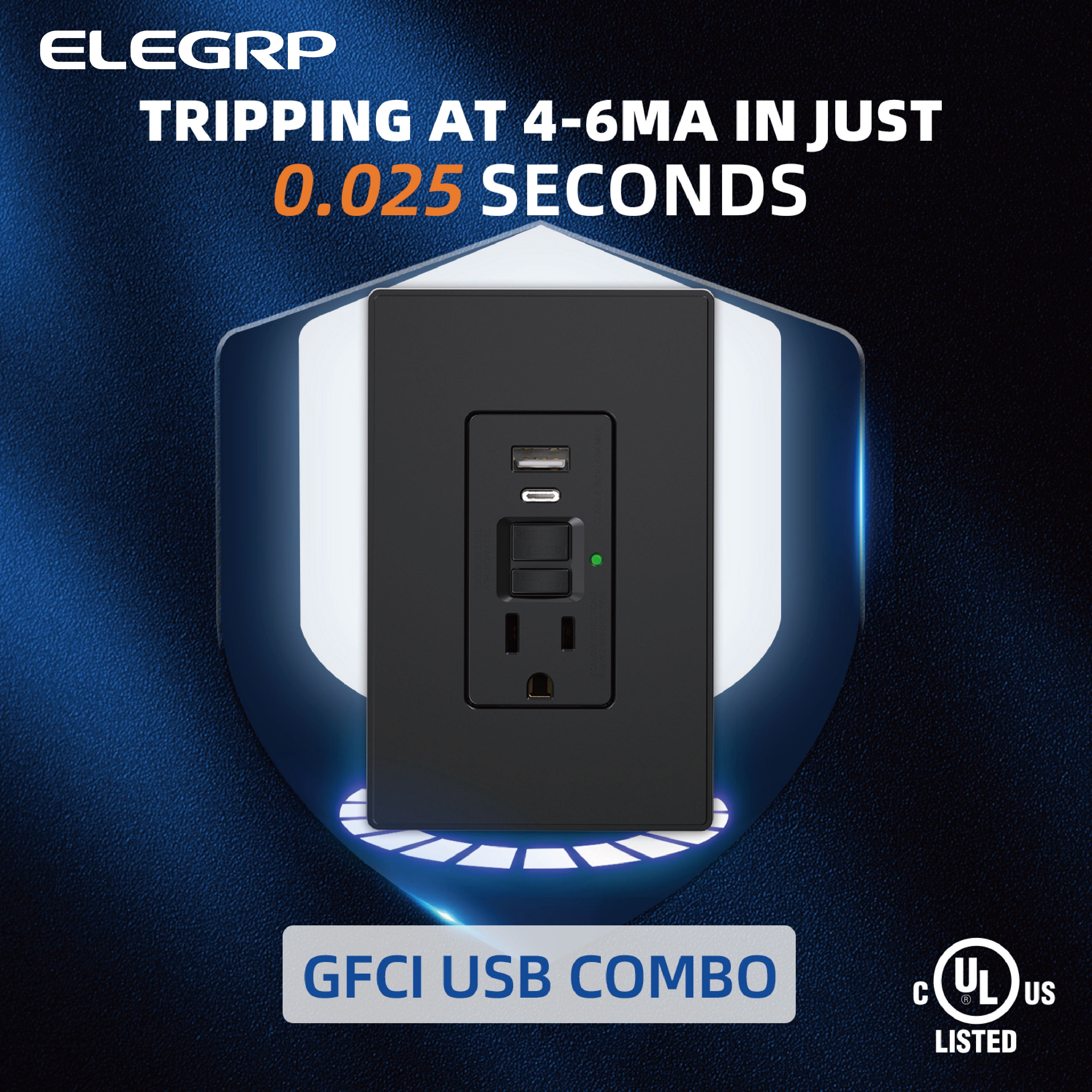 ELEGRP 15 Amp GFCI Outlet & 24W In-Wall USB Charger combo Receptacle Type A & Type C, Midsize Screwless Wall Plate included, UL & CUL Listed, Black, 1 pack