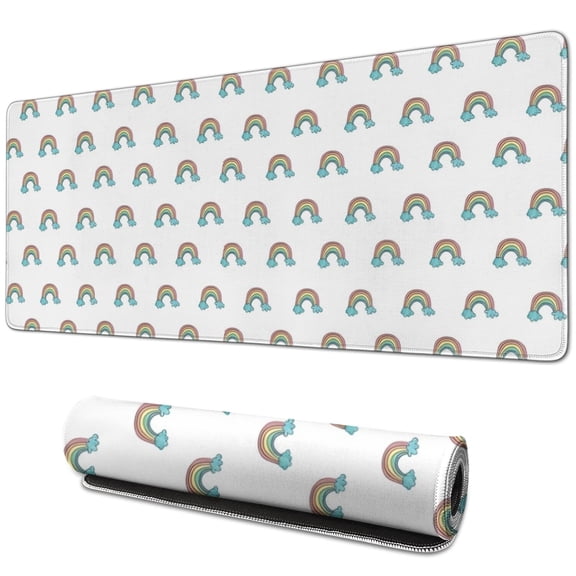 Long Mouse Pads for Desk,White Cartoon Rainbow Pattern Desk Mats on Top Of Desks, Desk Mouse Pad Extra Large with 3mm Non-Slip Base and Stitched Edge for Gaming,Office,Work,Home 31.5"x11.8"