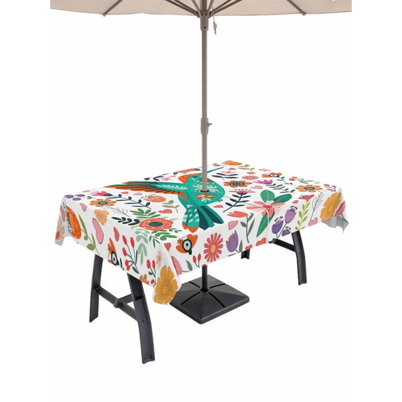 Outdoor Tablecloth with Umbrella Hole for Patio/Picnic/Party/Camping, Birds Flowers Waterproof Table Cloth Rectangle Table Cover Washable, Cartoon Sunny Colorful Botanical Floral (60"x 102")