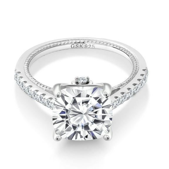 Gem Stone King 5.27 Cttw White Moissanite and White Created Sapphire Engagement Ring for Women | 925 Sterling Silver | Cushion 10MM | Wedding Engagement Anniversary Promise Ring for Women | Size 6