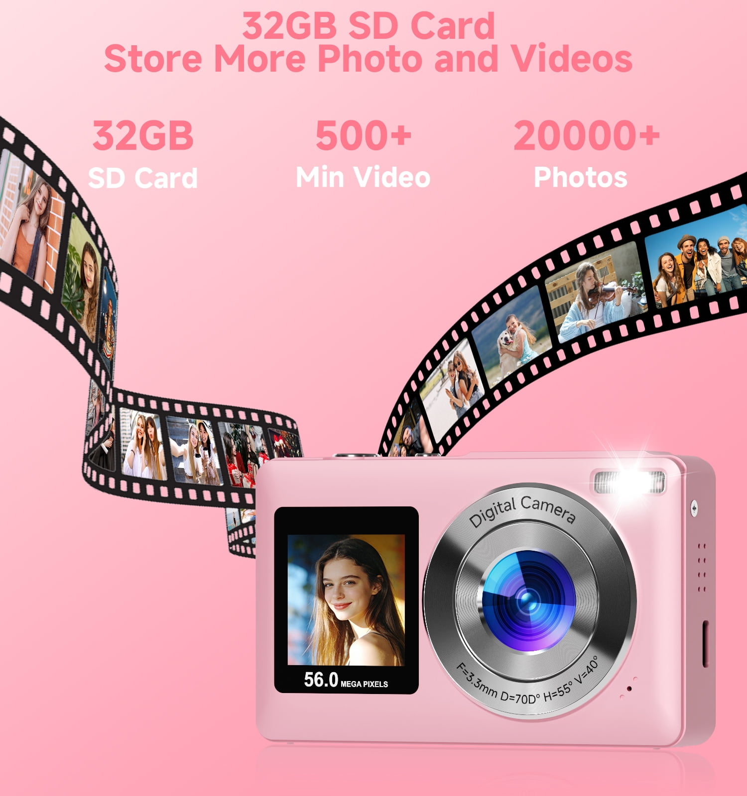 2026 Upgraded 56MP Dual Screens Digital Camera, Compact Cameras Built-in Battery with 16X Zoom Auto Focus Travel Cameras with Smile Capture 32GB SD Card Anti Shake for Kids Teens(Pink)