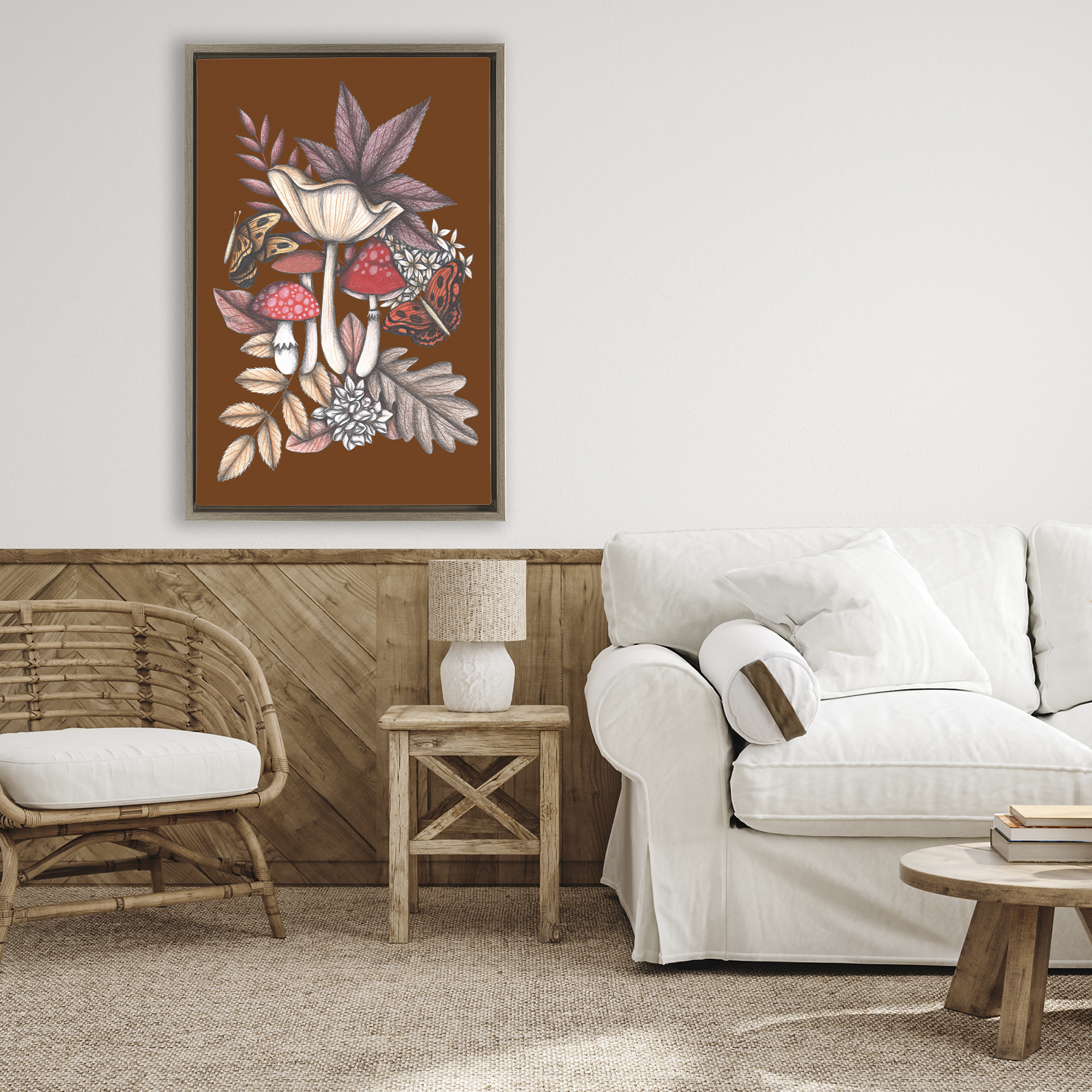 Autumn Mushrooms Magic Brown Framed Floater Canvas Wall Art, design by Cecilia Battaini