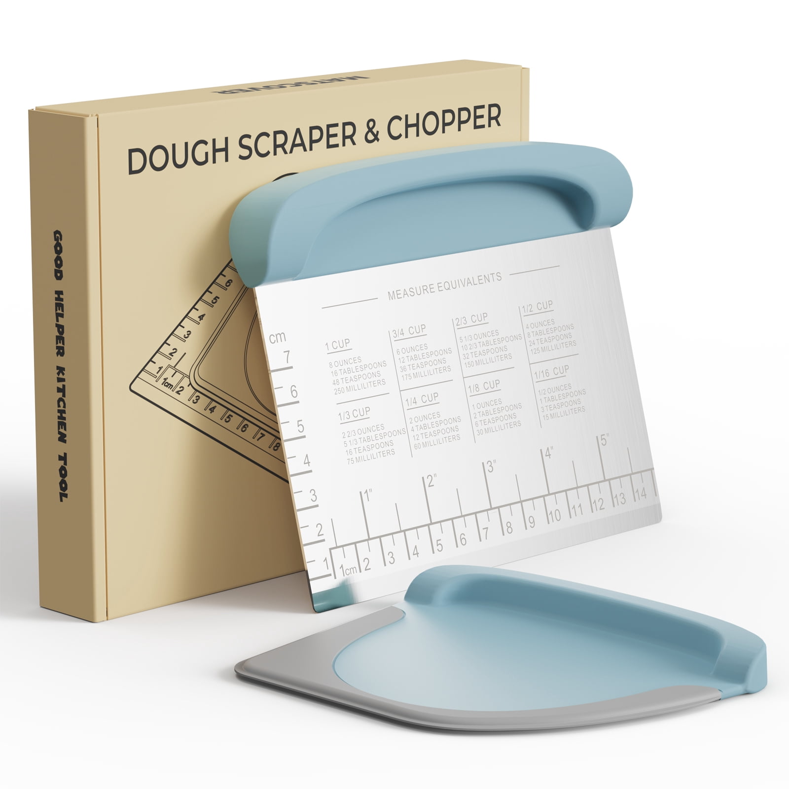 Bench Scraper Dough Cutter Tool - Bowl Pastry Scraper for Bread Cake Pizza, Bench Knife Kitchen Dough Scraper for Baking, Stainless Steel Food Scraper with Grip Handles & Measuring Scale, Blue