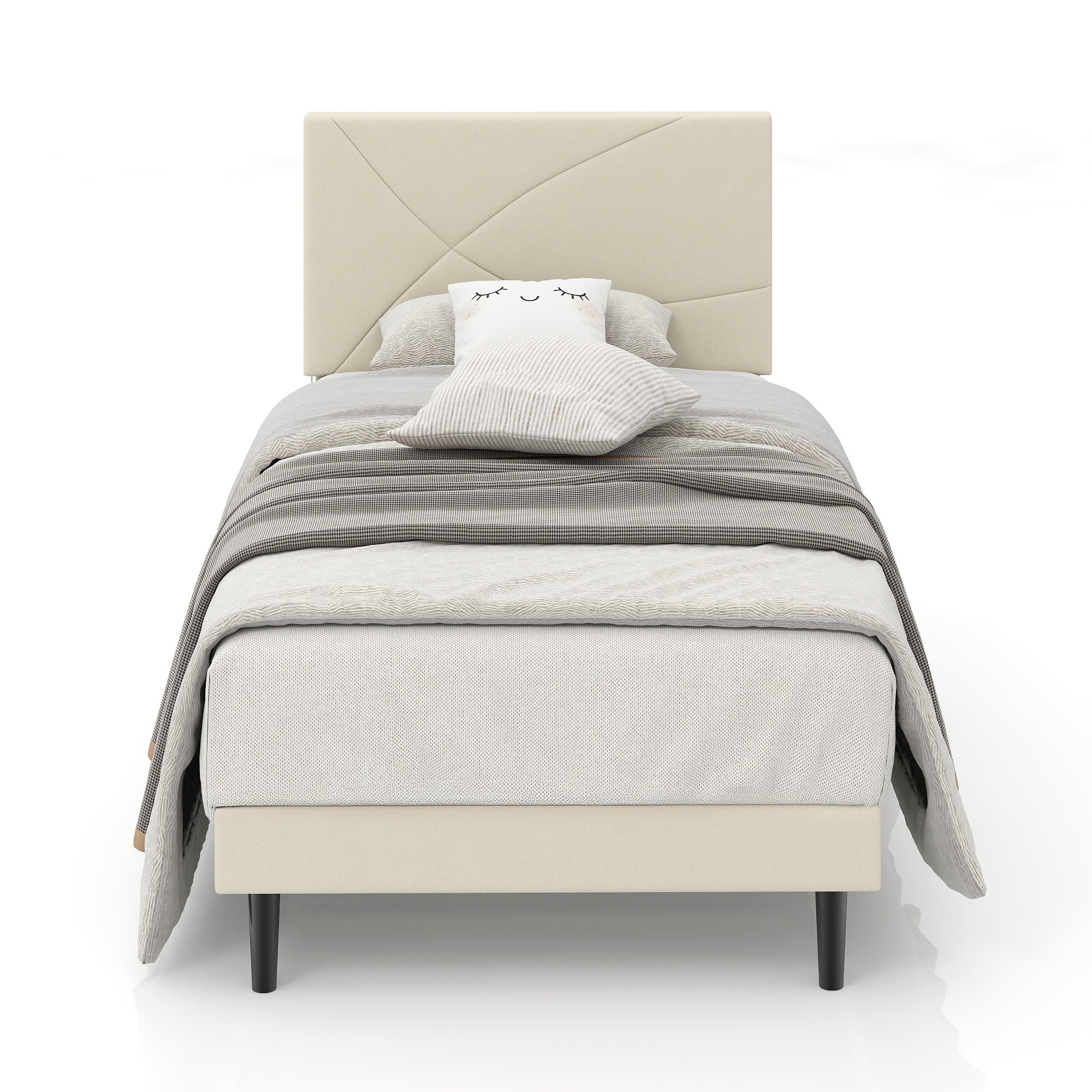 Homy Casa Upholstered Twin Bed with Tech Charging and LED Lights, Modern Headboard, Beige