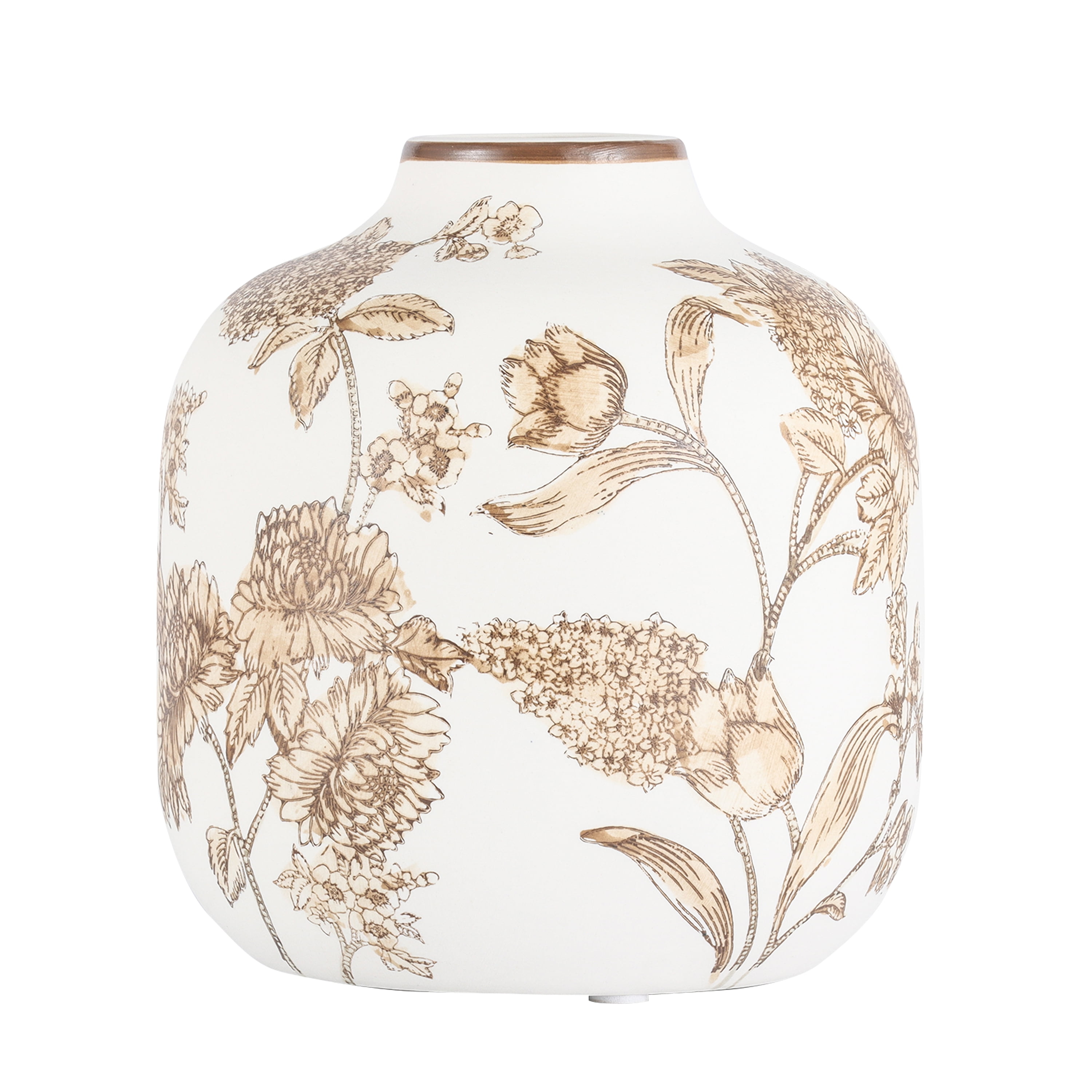 Home Decor Collection Sterling & Noble Home White Ceramic Brown Floral Painted Tabletop Vase