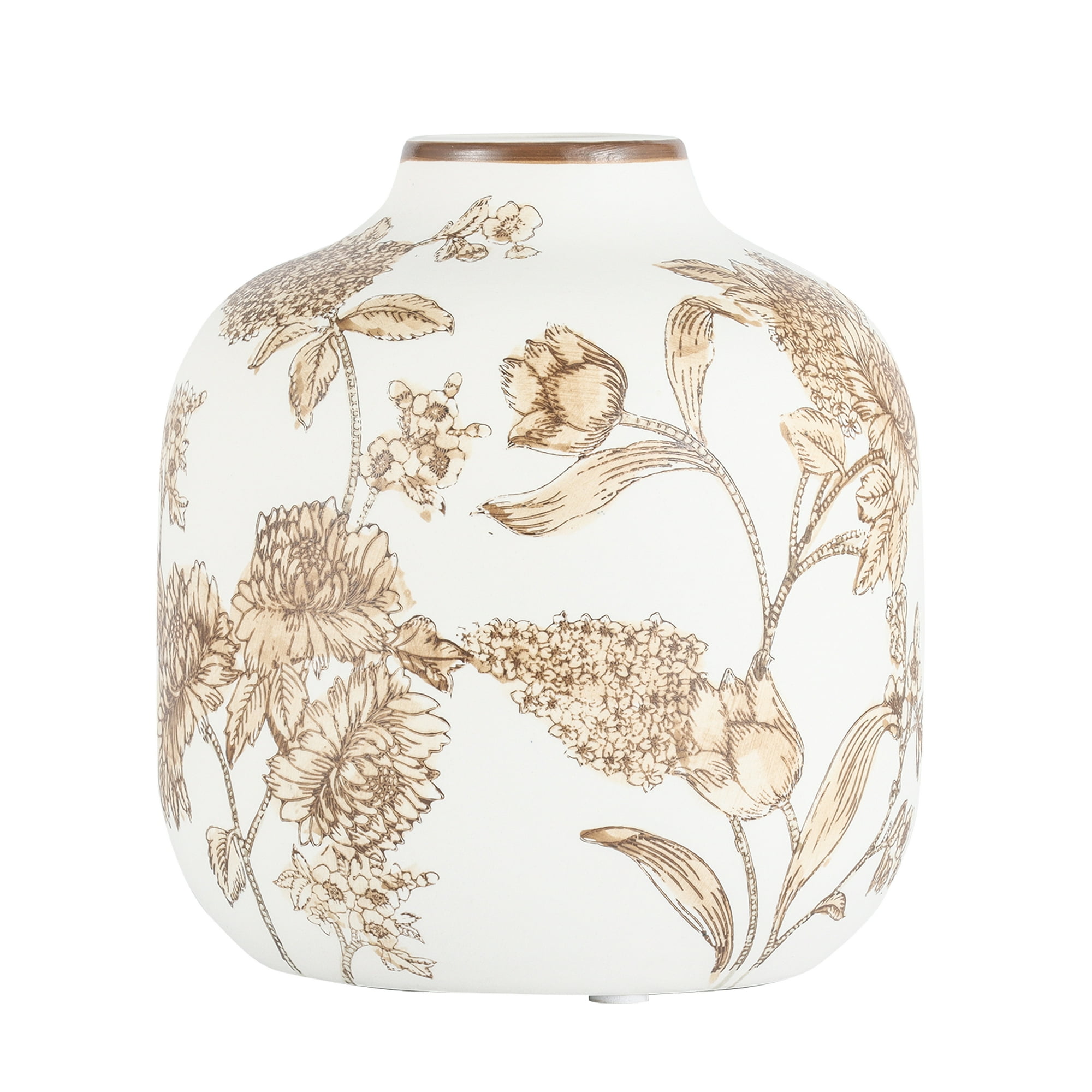 Home Decor Collection Sterling & Noble Home White Ceramic Brown Floral Painted Tabletop Vase