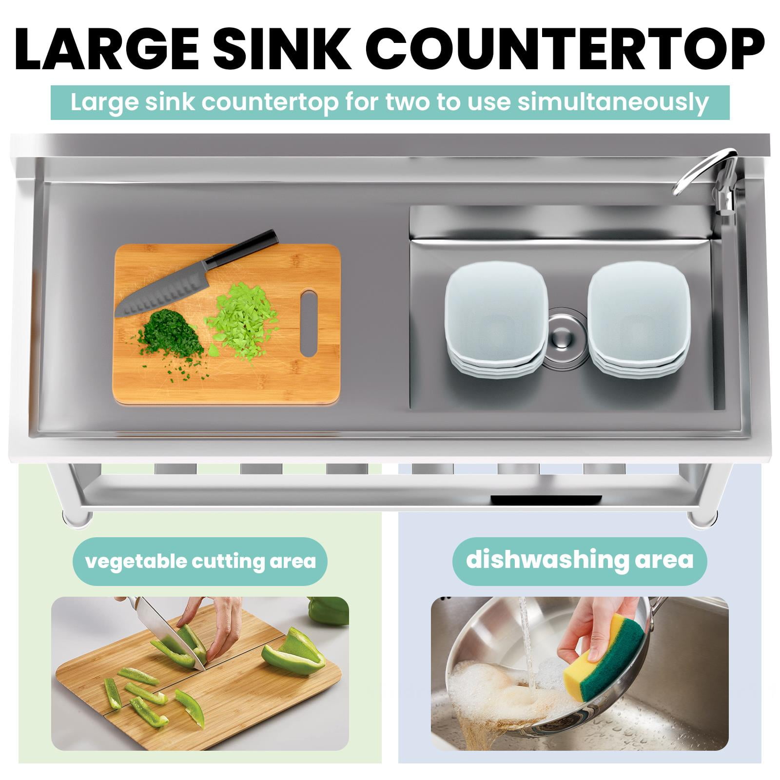 300Lbs-Load capacity stainless steel Single Sink,47.3''*18.5''*33.6'' Stainless Steel Utility Sink, Free Standing Single Bowl Kitchen Sink Set with Faucets Hot & Cold Water Pipes for Food Truck, Bar,