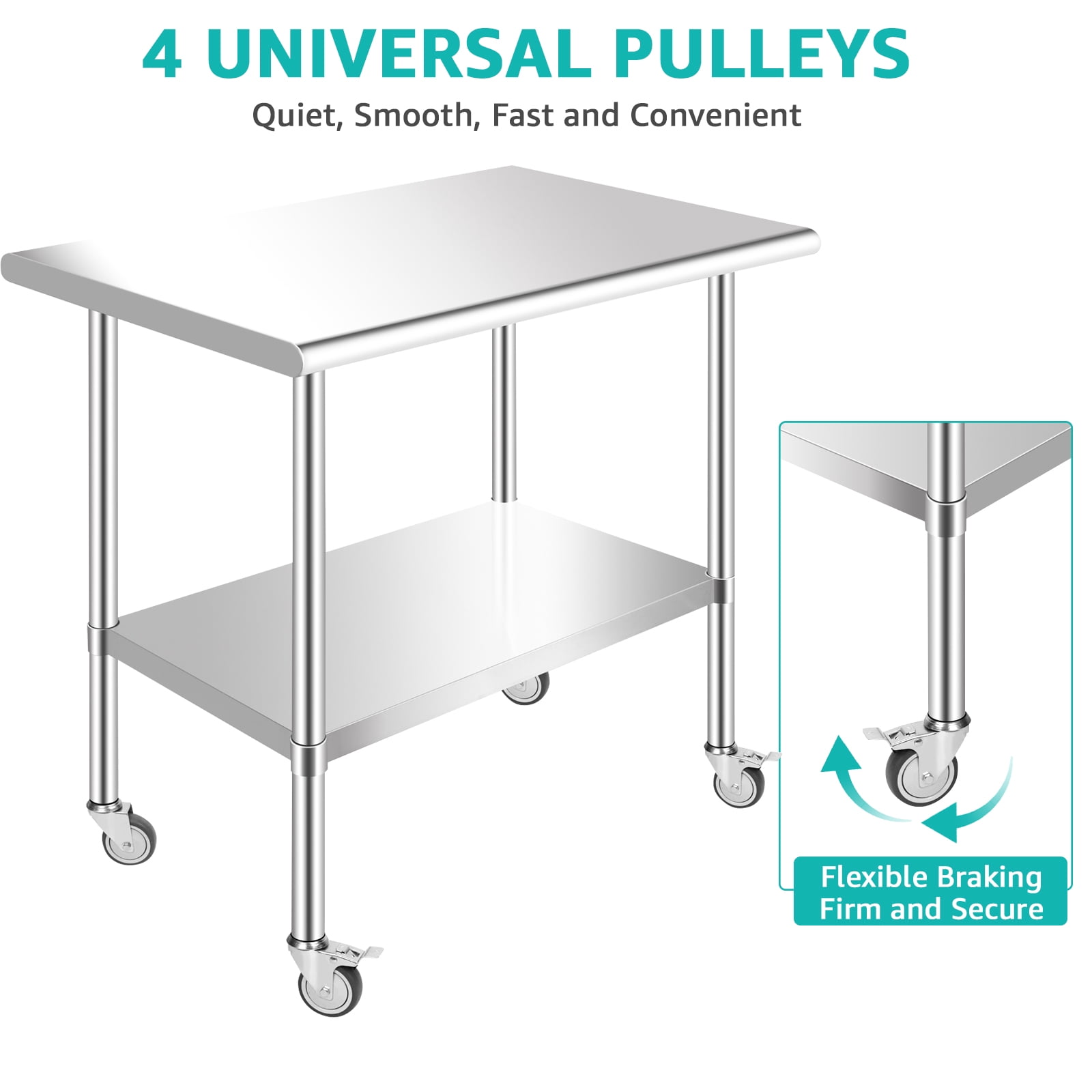 PRIJESSE Stainless Steel Work Table, 36 x 30 Inch Stainless Steel Table w/ Undershelf, Casters, Commercial Kitchen Work & Prep Table