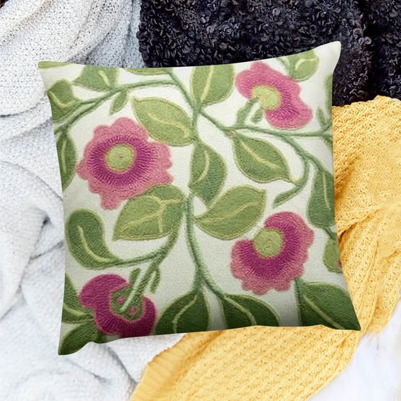 Creowell Summer Decorative Throw Pillow Covers Floral Farmhouse Hot Pink Flowers Green Vine Patterned Cotton Canvas Cushion Case for Sofa Couch Bed Living Room Decor 18x18in