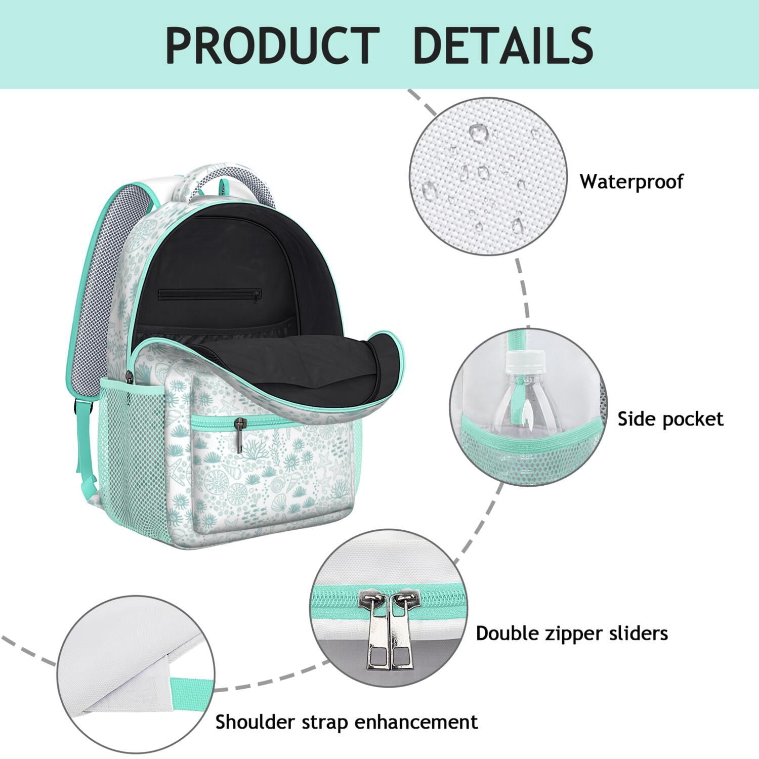 Summer Waterproof Backpack for College Students - Lightweight Daypack with Starfish & Sand Design, Spinal Support