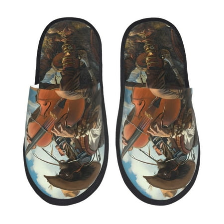

Fuzoiu Western Guitar Cowboy Print Unisex Furry Slippers Plush Indoor Shoes Trendy House Slippers Anti-Skid EVA Sole House Shoes for Home Office and Travel -Medium