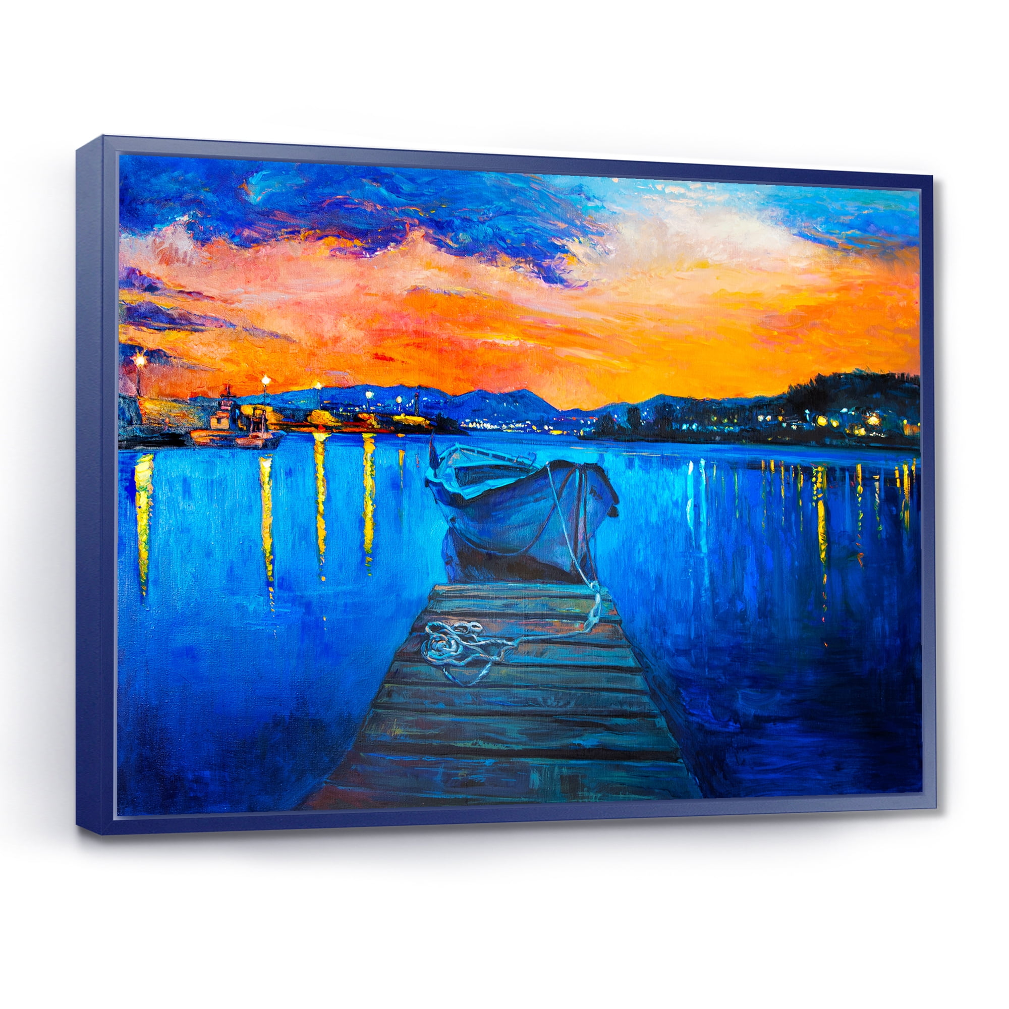 Designart 'Boats During Warm Sunset Resting On The Water III' Nautical & Coastal Framed Canvas Wall Art Print