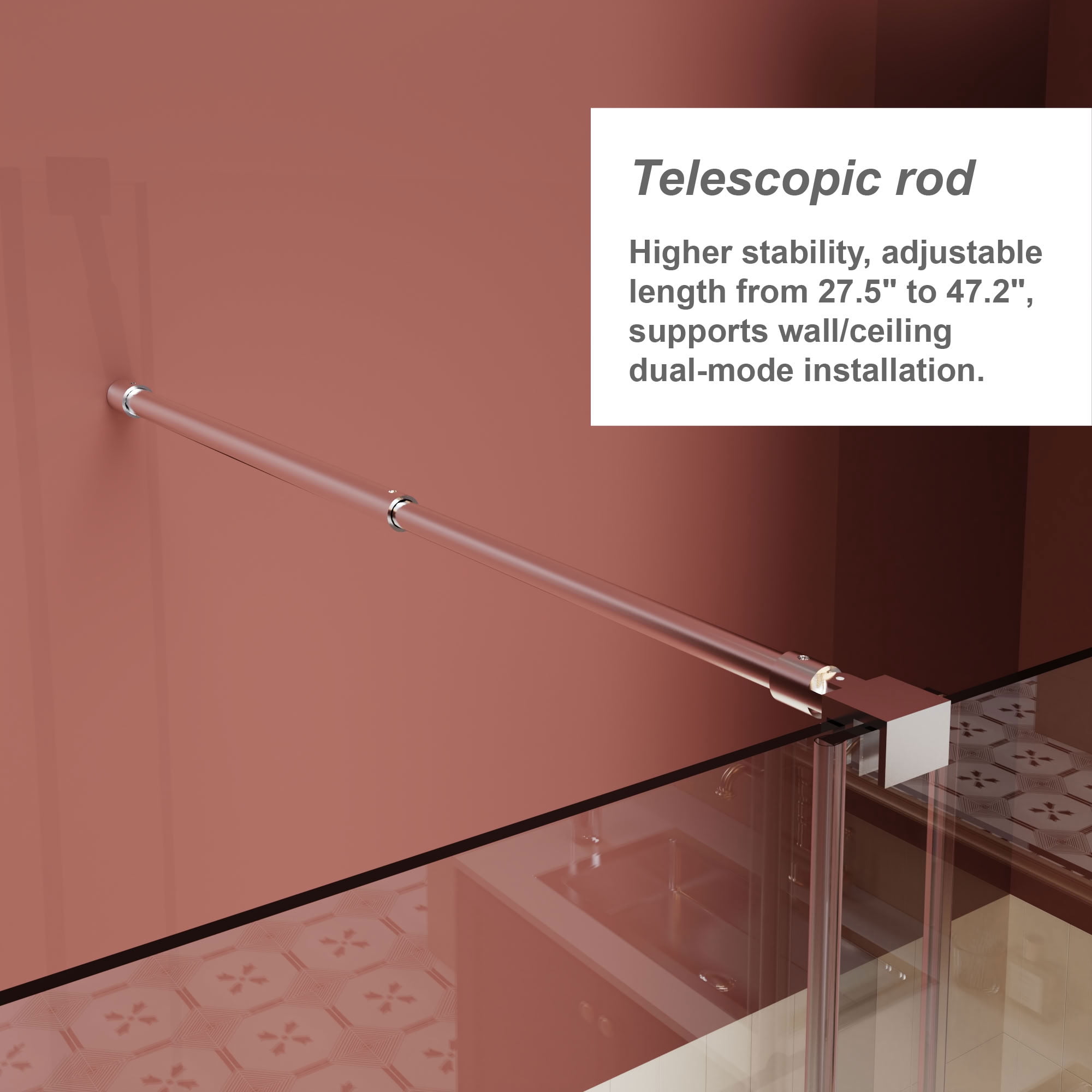 MAYEERTY Dual-Use Shower Sliding Door, Chrome Frame, 1/4" Tempered Glass with Stainless Steel Handle & Supporting Bar, Waterproof & Adjustable Width