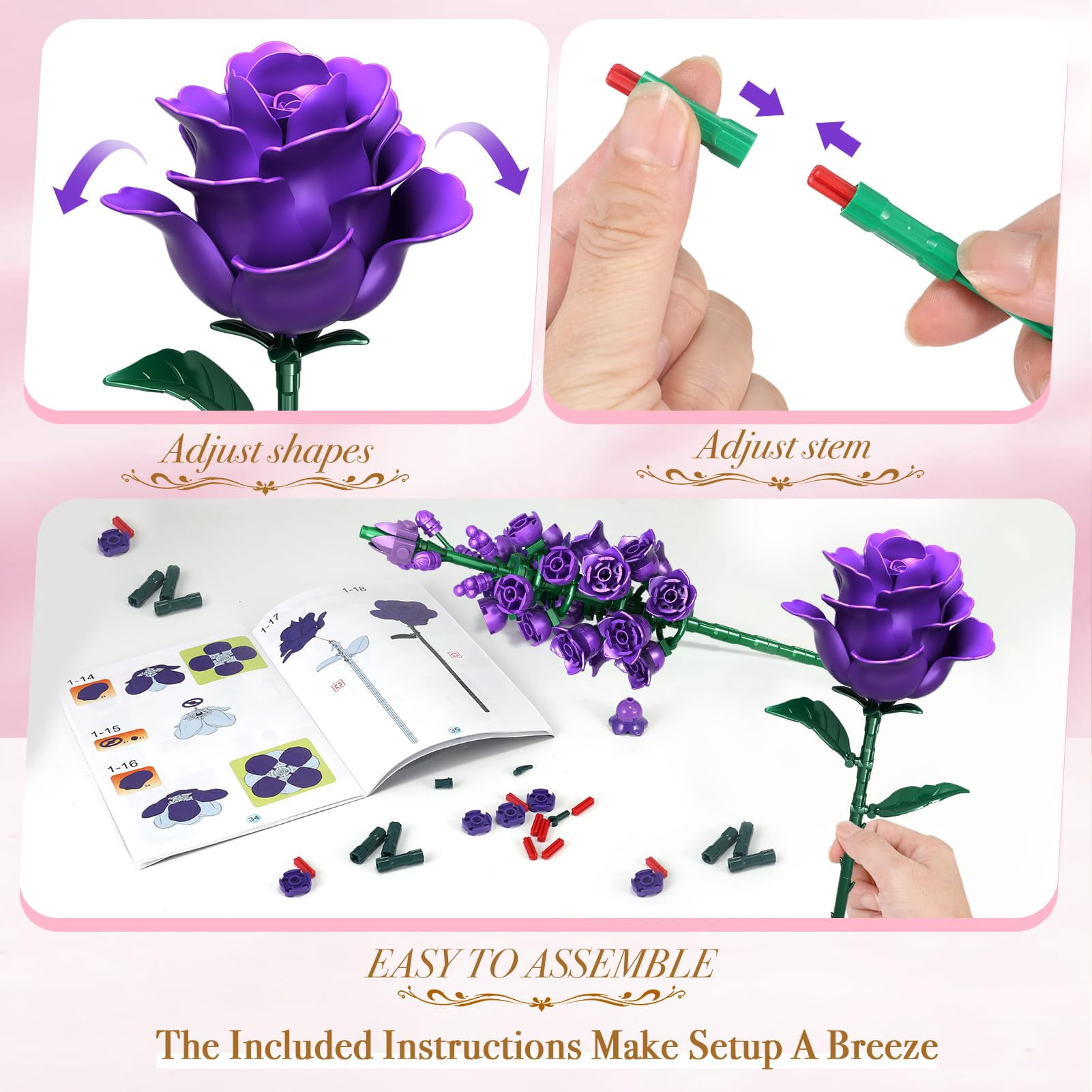 Flowers Bouquet Building Set, Rose Flower Botanical Collection Building Kit Toys Home Decoration Gifts for Kids Adults Women Her, Christmas Valentine's Mother's Day Gifts 701 PCS