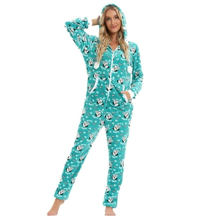 

Women s One Piece Pajamas Soft Thick Warm Winter Print Long Sleeve Onesies Hooded Romper Jumpsuit Sleepwear