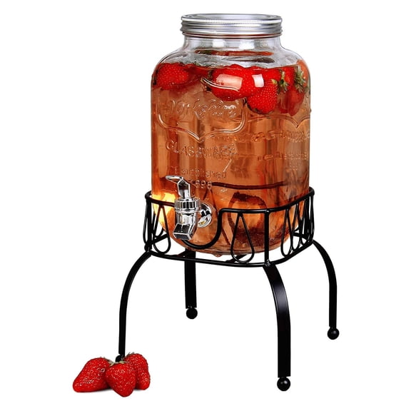 Dispensador de Bebidas Frescas, Vitrolero Estilo Mason Jar Forma Cuadrada con Base de Acero, Capacidad 3.8 Litros