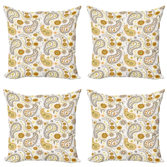Ambesonne Paisley Throw Pillow Cover 4 Pack, Folkloric Floral Drop Forms, 18", Orange Yellow White
