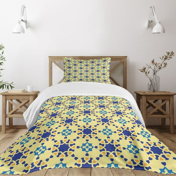 Ambesonne Antique Quilted Bedspread Set 2 Pcs, Moroccan Motif Folk, Twin Size, Violet Blue Yellow