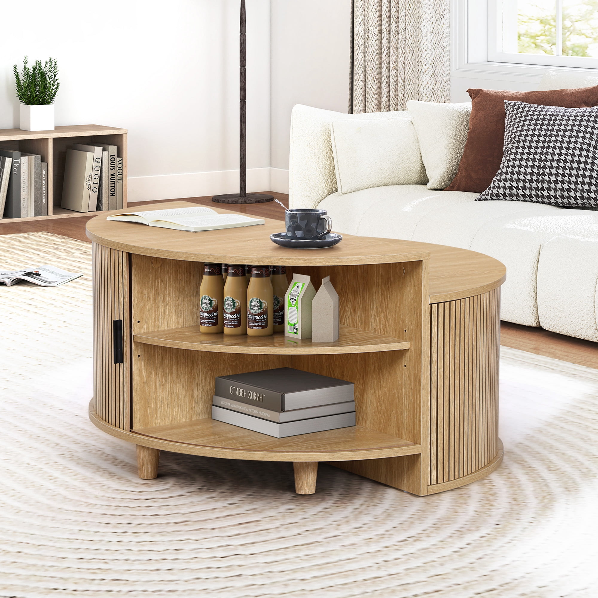 Wirrytor Fluted Round Coffee Table with Flip Top and Hidden Storage Compartments, Mid Century Modern Center Table with Sliding Door for Living Room, Oak Finish