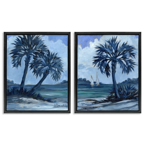 Stupell Industries Impressions of Indigo Palms Nautical & Beach Painting Black Floater Framed Canvas Art Print Wall Art, 17 x 21, Set of 2