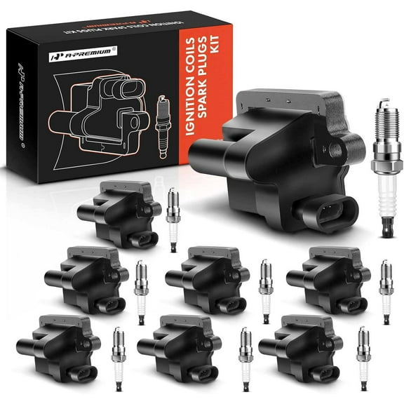 A-Premium Set of 8 Ignition Coil Pack and Iridium Spark Plugs Compatible with Chevrolet Silverado GMC Sierra Cadillac Escalade Hummer H2
