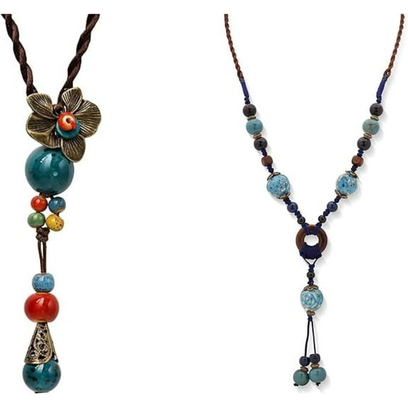 Boho Hippie Flower and Strand O Ring Charm Y Necklaces, Colorful Ceramic Beads, Vintage Bohemian Antique Statement Jewelry Gift for Women