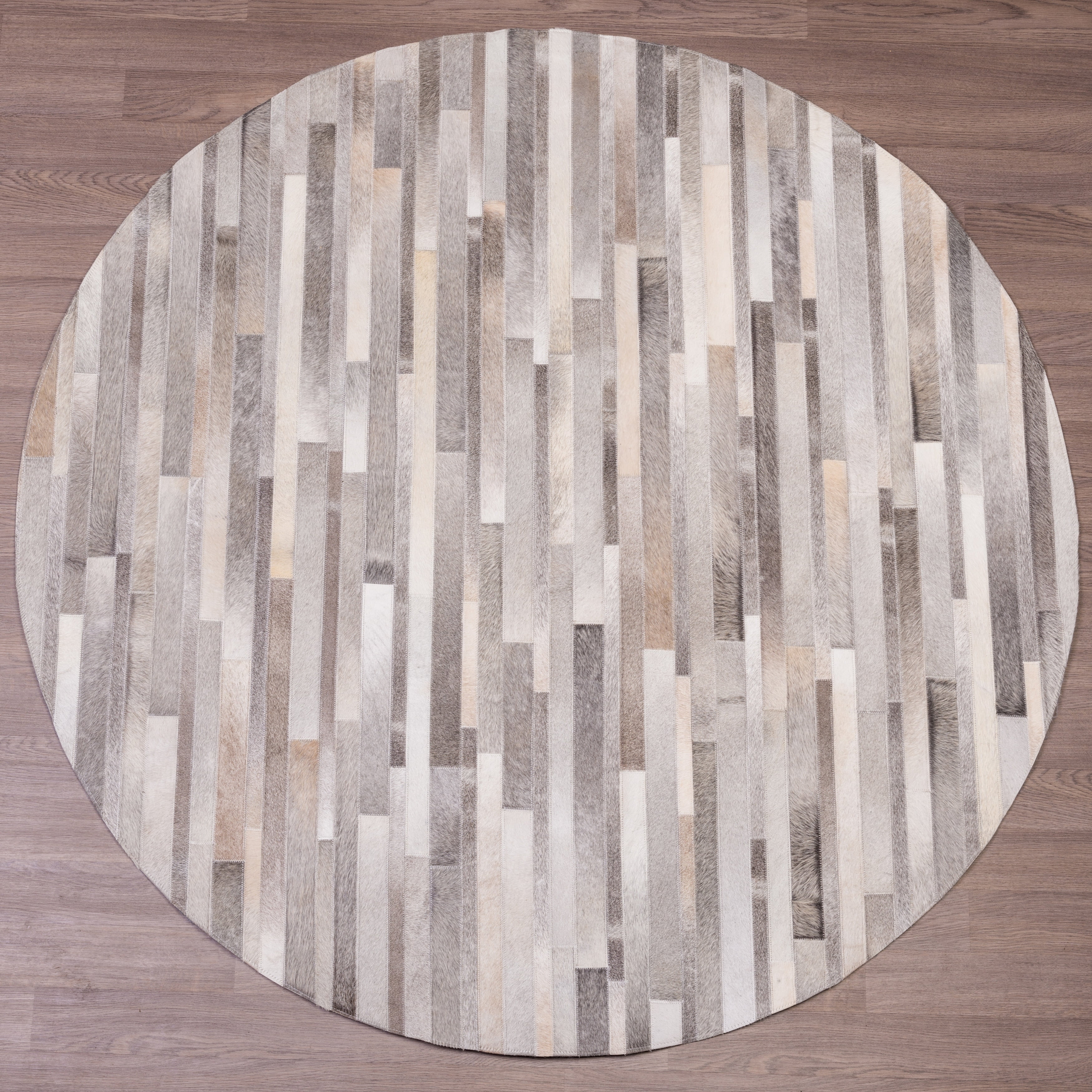 Hand Stitched Grey Cow Hide Leather, Round Cowhide Rug