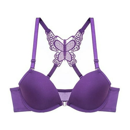 

Women Front Buckle Bra Lace Butterfly Design Underwire Bras Female Underwear 36 Purple