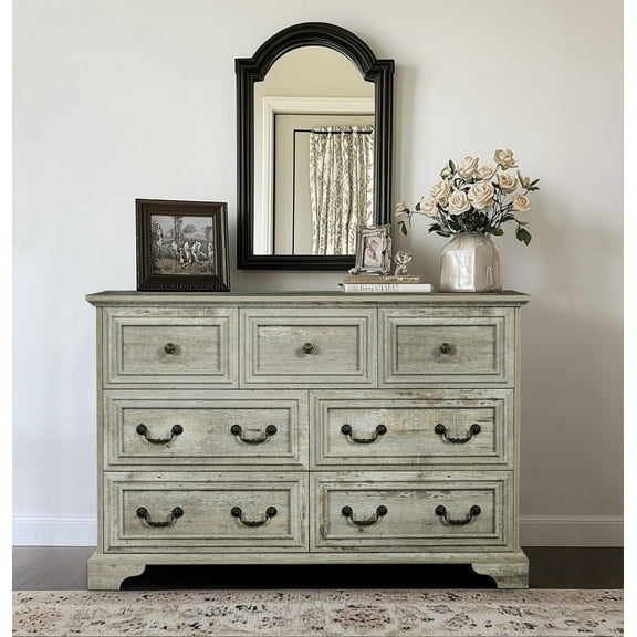 47" Farmhouse Dresser Sideboard Cabinet for Bedroom, Rustic Chest of Drawers, Organizer for Bedroom, Living Room, Hallway, Antique White