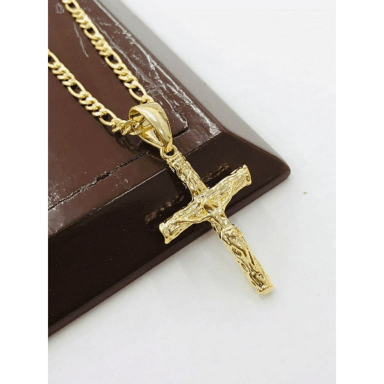 Rustic Cross Necklace for Mens Figaro Chain 36x23mm/Figaro Chain Necklace  24/Mens Cross Necklace/Cadena y Dije de Cruz Oro para Hombre