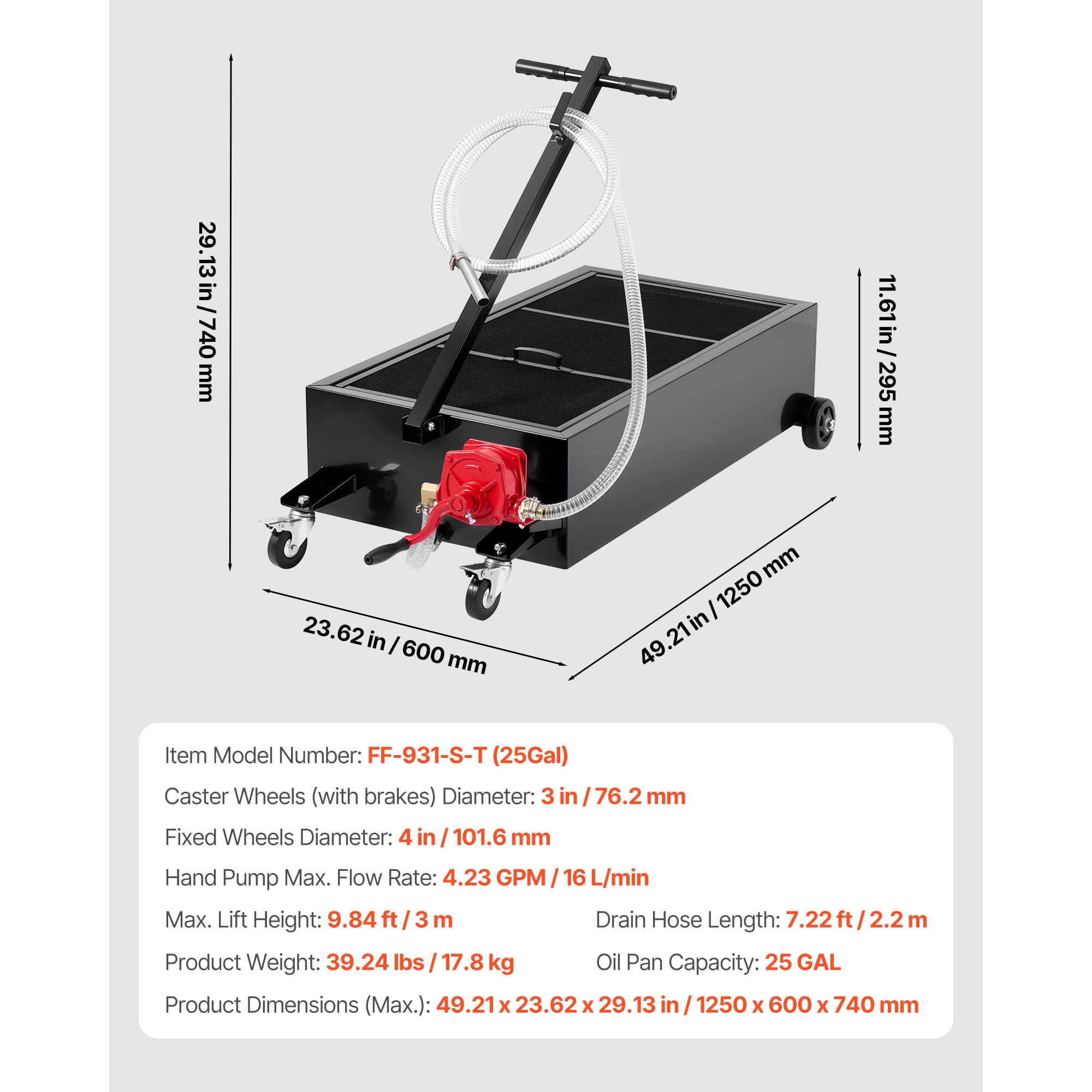 KFFKFF 25-Gallon Low-Profile Oil Drain Pan with Manual Pump, Rolling Design, 7.2 ft Hose, T-Handle, Leak-Resistant and Durable, Suitable for Cars, SUVs, Trucks, and ATVs, Black