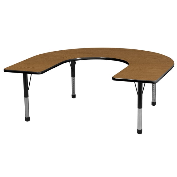60in x 66in Horseshoe Everyday T-Mold Adjustable Activity Table Oak/Black - Chunky with Seven 14in Stack Chairs Navy - Ball Glide