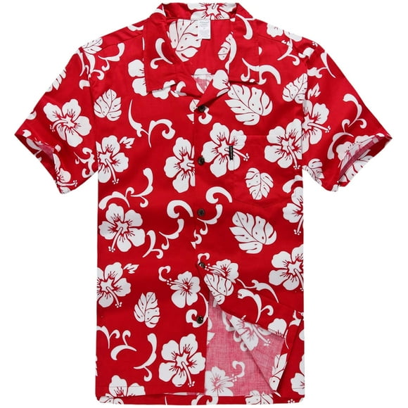 Couple Matching Hawaiian Luau Outfit Aloha Shirts in Red Hibiscus