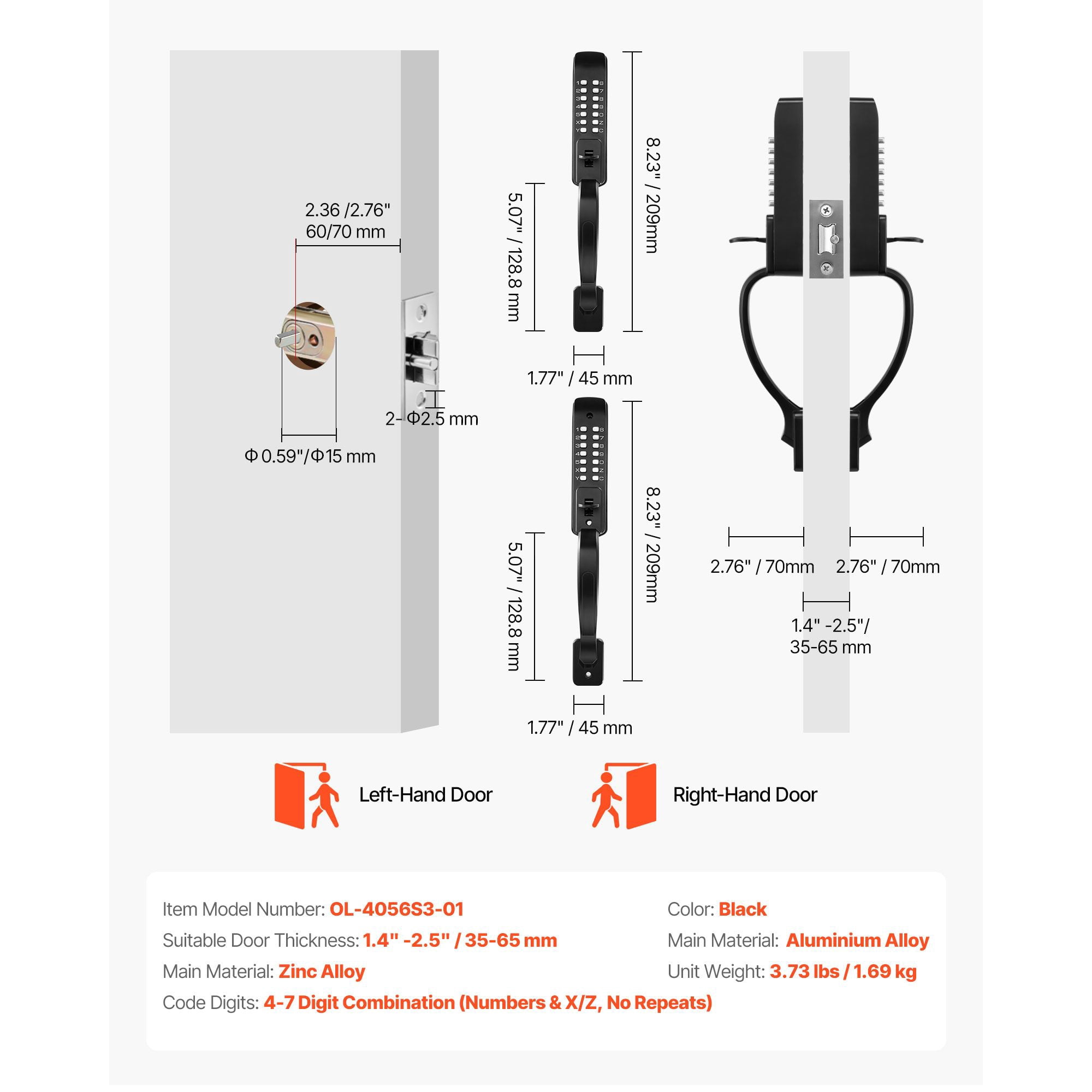 Mechanical Keyless Door Lock Gen2 Double-Sided 4-7 Digit Code Aluminum Alloy for Front Gate Garden Garage