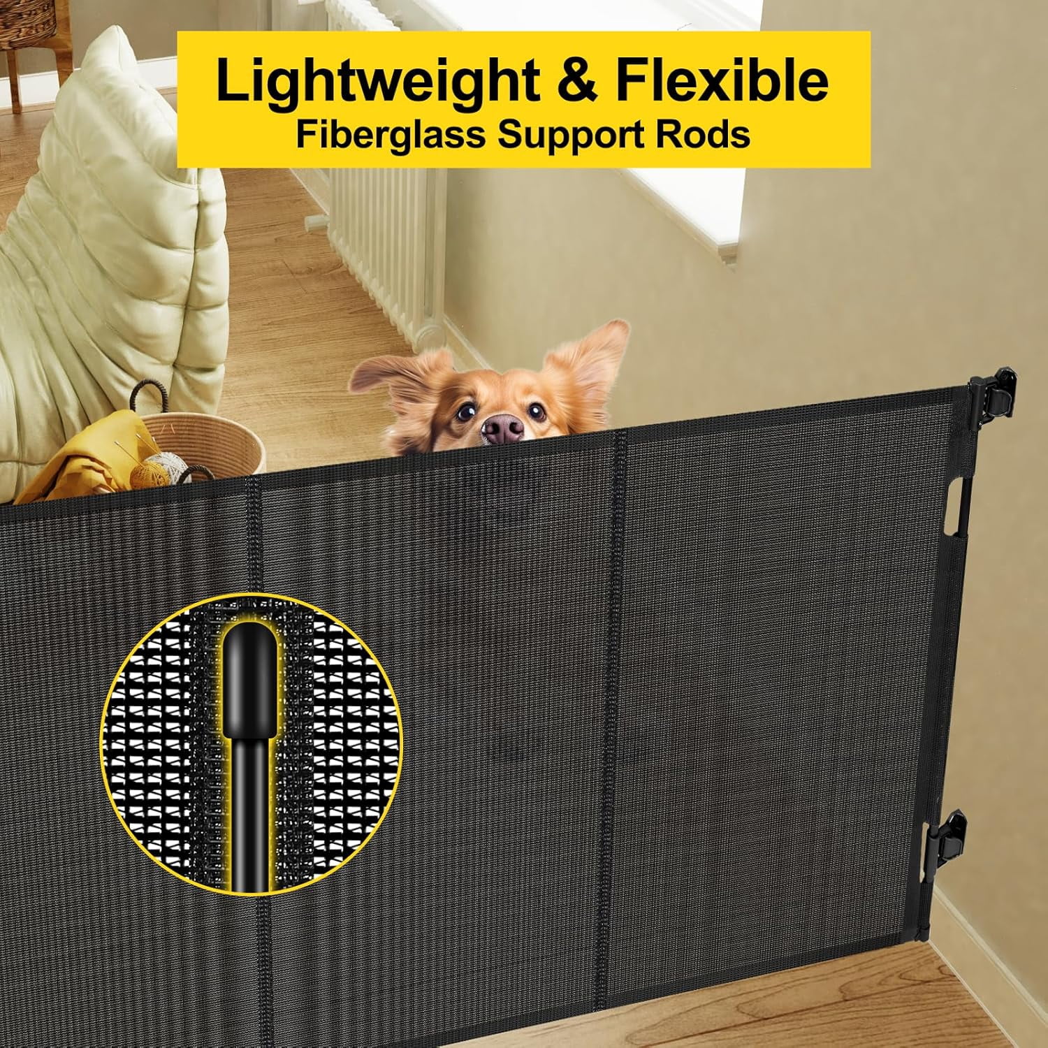 42” Tall x 100” Extra Wide Retractable  Gate for Large Openings Tall Baby Gates for Dogs Pet Gate with Rods to Prevent Crawling Through, Extra Wide Mesh Dog Gate, White